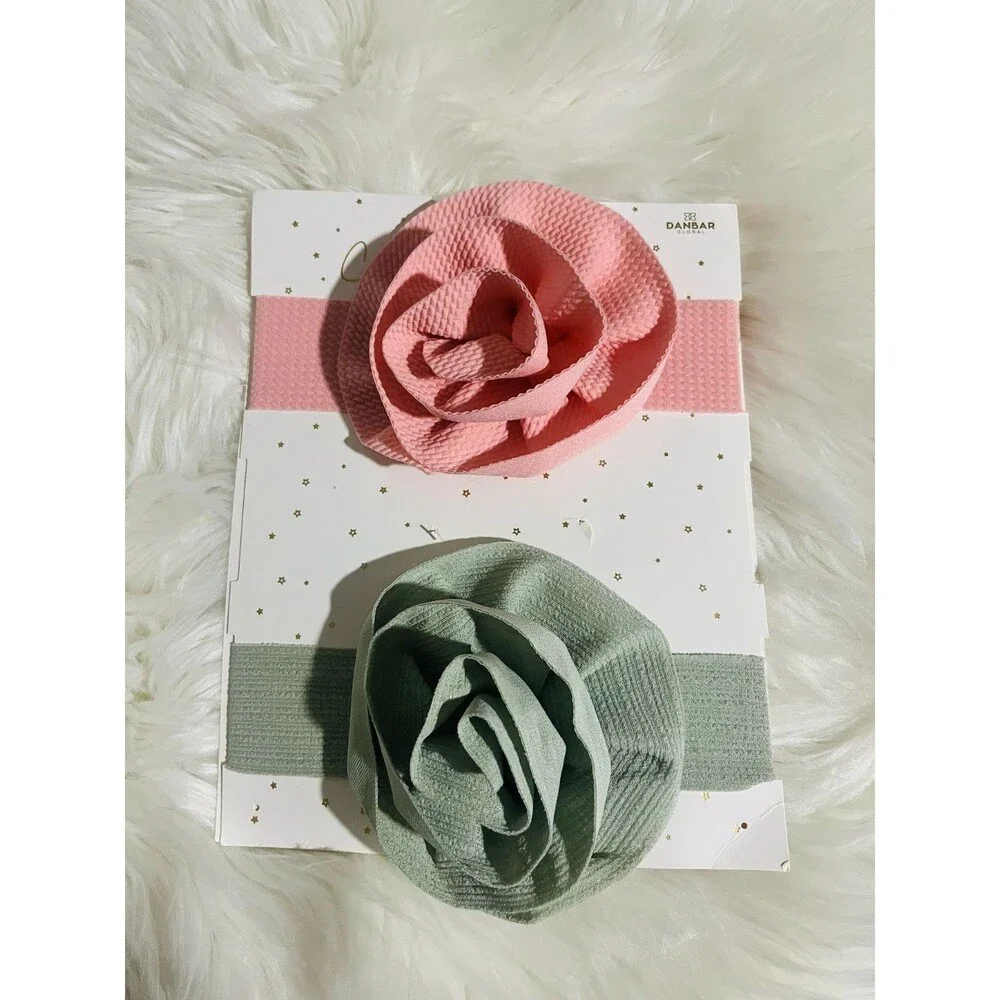 DANBAR Baby Girl Headbands Flower Soft Stretch Fabric Pack of 2 Pink Green...